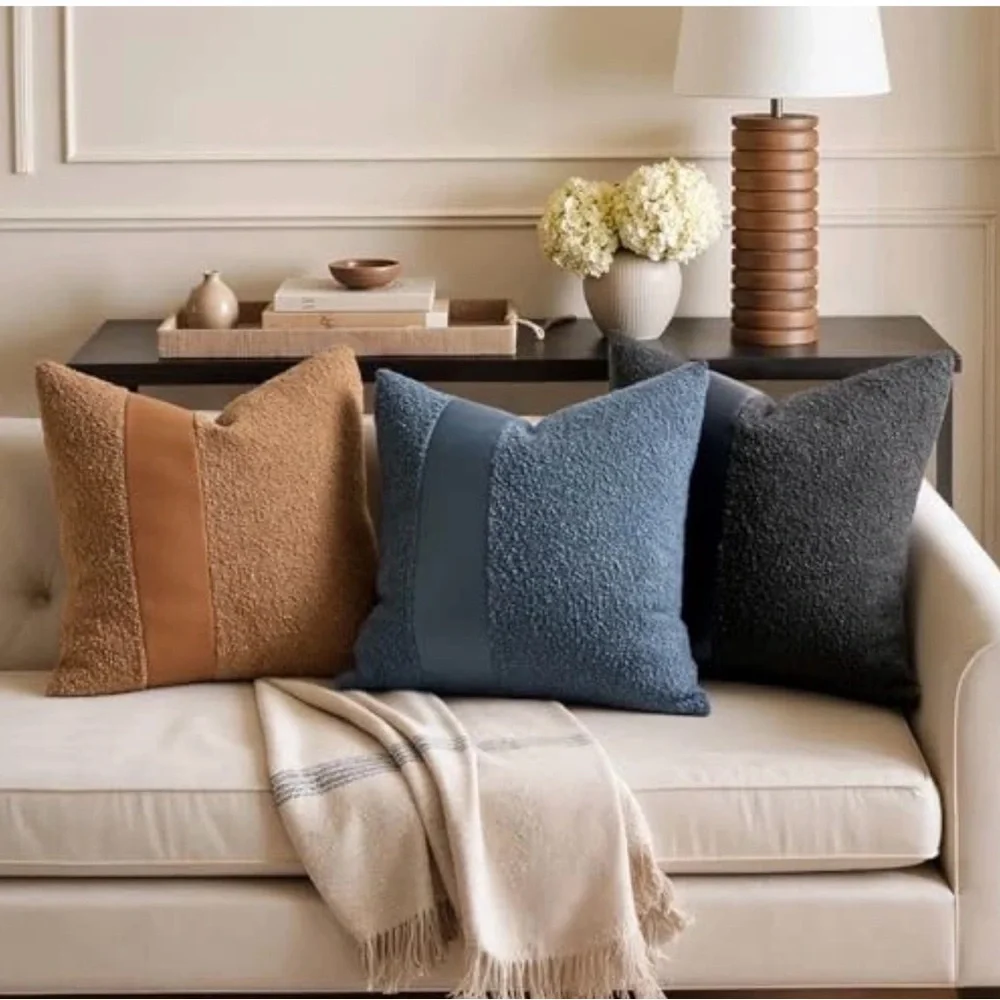 NWT 2-Boucle Pillow Covers 18x18” with Faux Leather, Charcoal Black